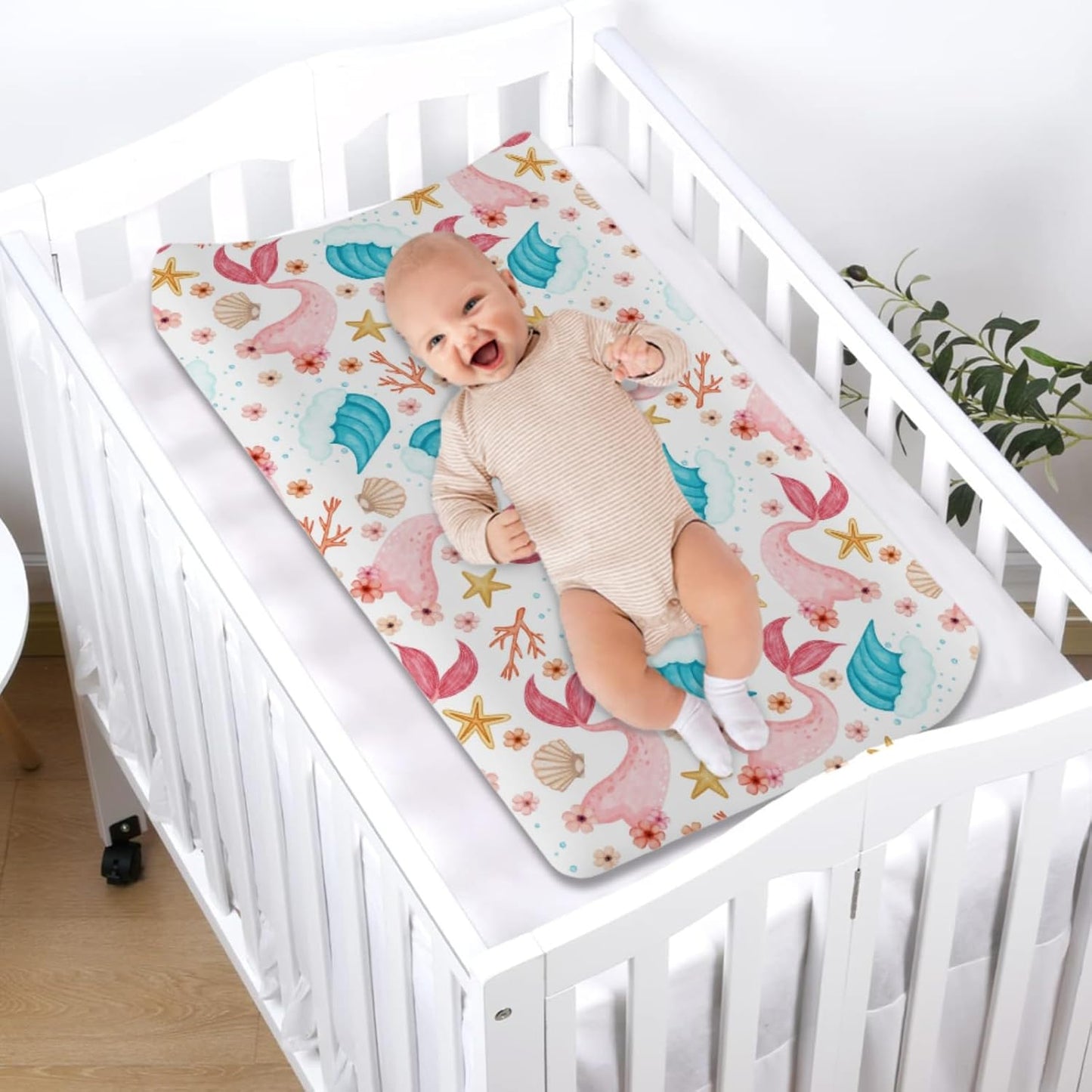 Colorful Nautical Changing Pad Cover Mermaids Starfish Conch Coral Waves Baby Change Table Pad Cover for Boy Girl Sea Ocean Marine Animal Soft Stretchy Fitted Diaper Changing Mat Sheets 32''x16''