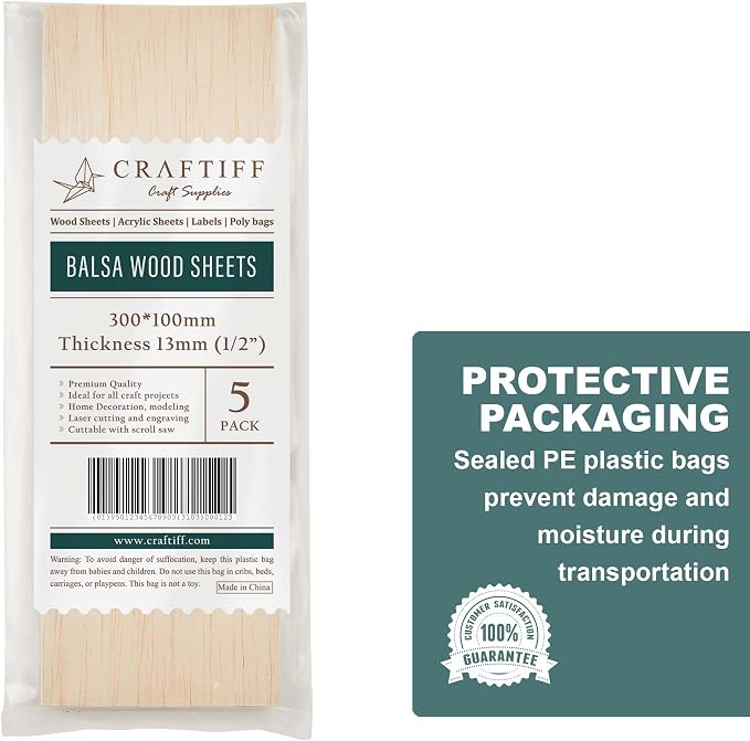 Balsa Wood Sheets 1/2" Inch Thick 12" x 4" Unfinished Wooden Board by Craftiff