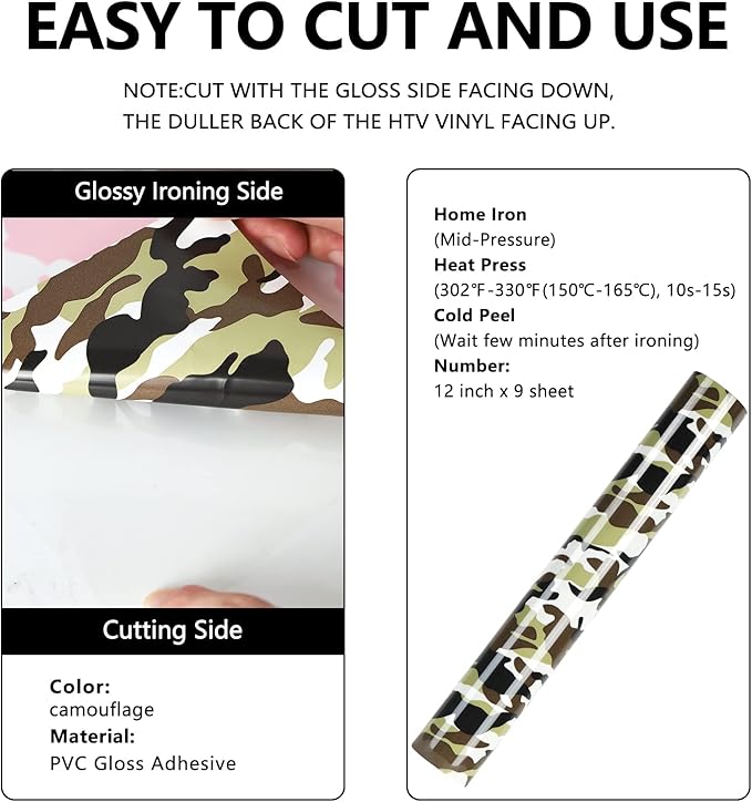FUNKAKA Camo Army Earthy HTV Heat Transfer Vinyl Rolls, Stretchy PU HTV Vinyl