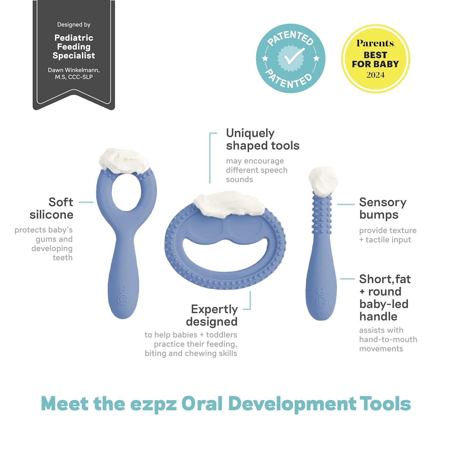 ezpz Oral Development Tools (3 Pack in Color) - 3 Months+ - Non-Slip Loop, Smile and Stick 100% Silicone Tools - Prepare for Chewing + Solids - Baby-Led Weaning Supplies