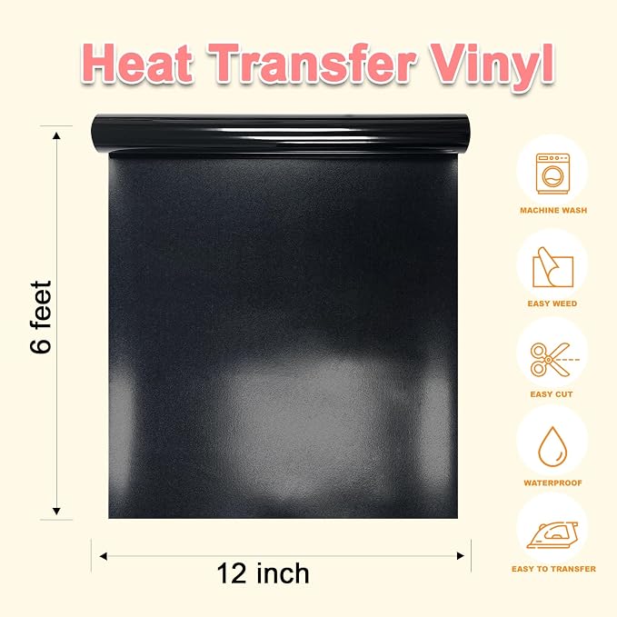 DUEUIOE Black Puff Vinyl Heat Transfer 12Inch x 6Ft, Puff Htv