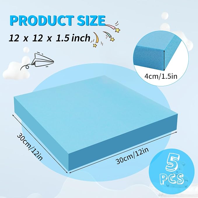 LuckyFoam Blue 5 Pack 12x12x1.5 inch Foam Sheets 1.5 Inch Thick | Polystyrene