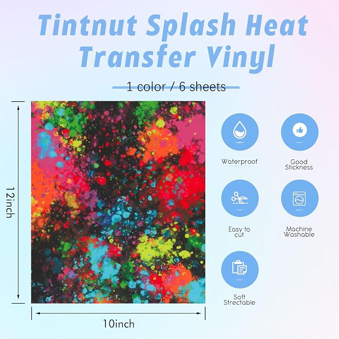 Tintnut Multicolor Splash Heat Transfer Vinyl, stretch washable, works