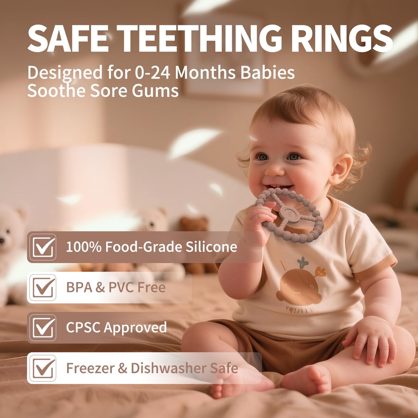 Baby Teething Toys 3-6 Months, 3 Pack Silicone Teething Rings for Babies 6-12 Months Relief, Freezable & Easy Grip Teether for Infant 0-6 Months Boys Girls, Kids Easter Gift (Clay DustyRose Brown)
