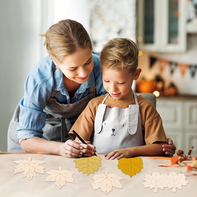 24 PCS Unfinished Wooden Fall Crafts, Maple Leaves Shaped Hanging Ornaments DIY