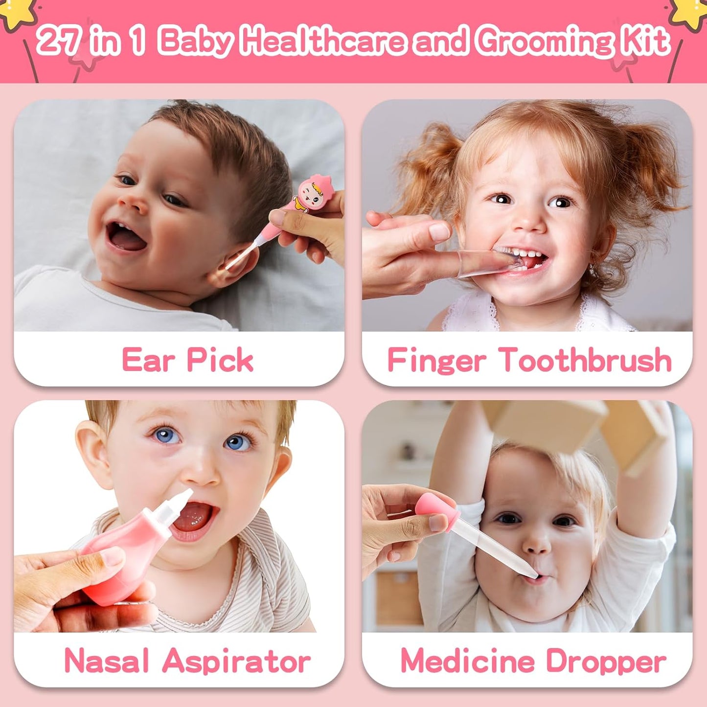 Baby Grooming Kit, Infant Safety Care Set with Hair Brush Comb Nail Clipper Nasal Aspirator,Baby Essentials Kit for Newborn Girls Boys, Pink-24- in-1