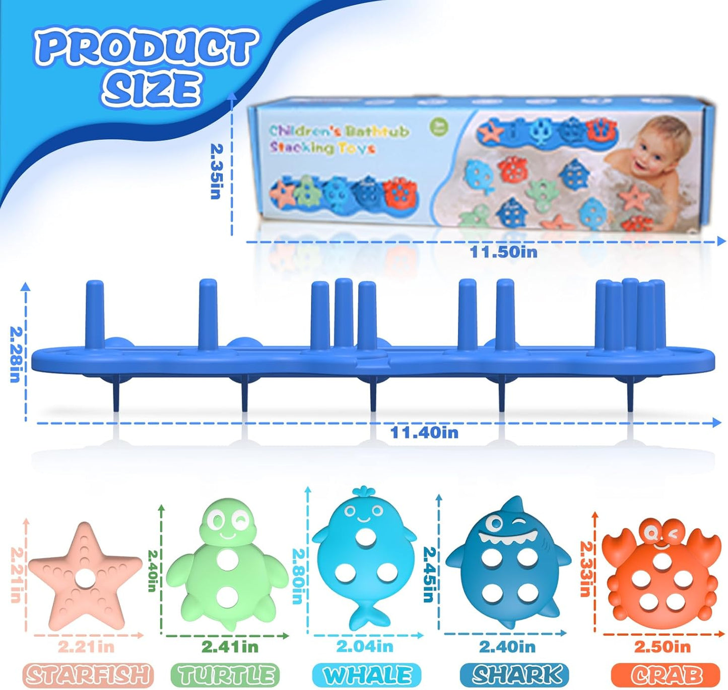 Toddler Bath Toys, Premium Silicone Mold Free Ocean Animal Shape Sorting & Stacking Baby Bath Toys, No Hole Bathtub Floating Toys Gift for Boys Girls, Early Learning Sensory Water Toys, Bathtime Fun