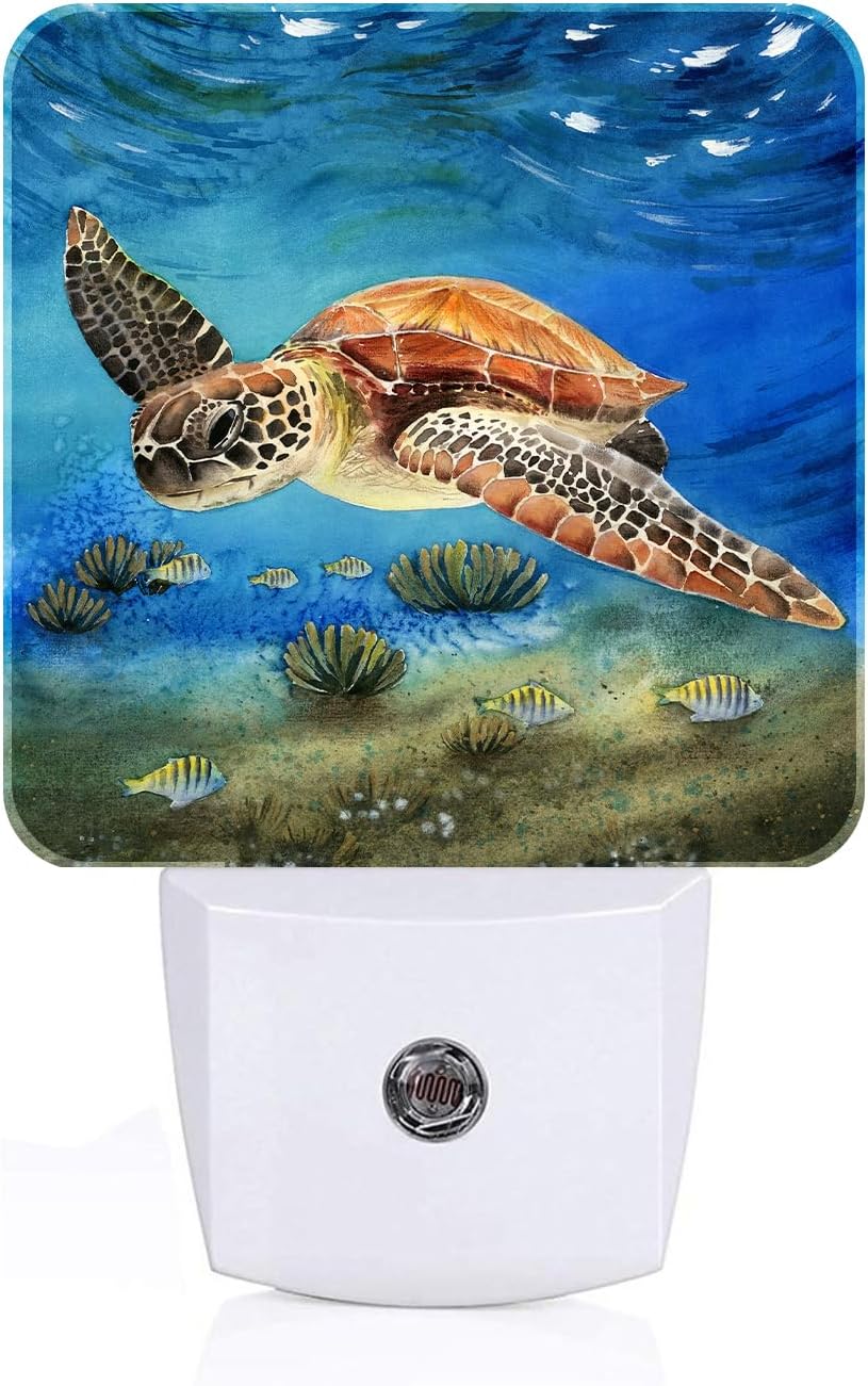 Sea Turtle Corals Fish Night Light,Plug Into Wall for Boys Girls Bedroom Decorative Square Night Light Lamp 0.5w Sleep Friendly