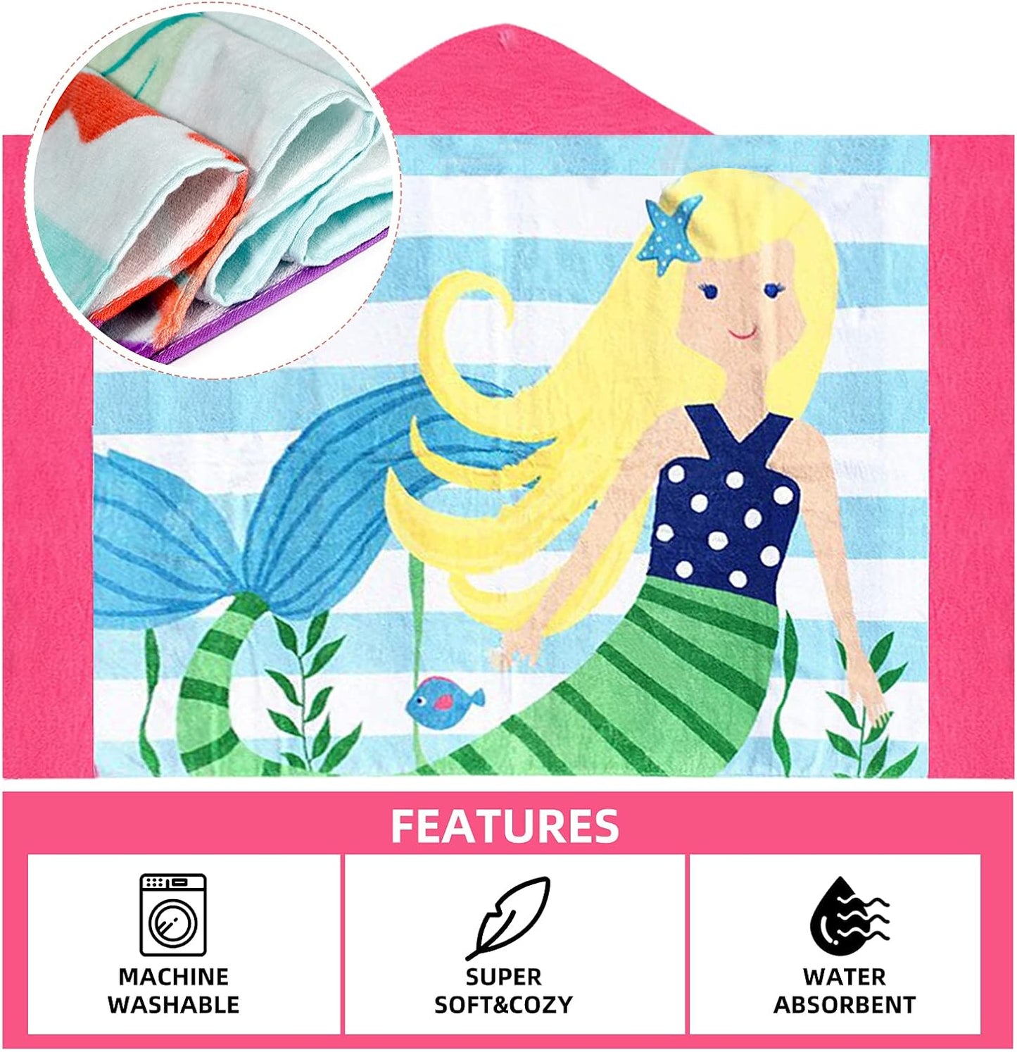 Hooded Towel for Kids, 100% Cotton Soft and Absorbent, Pool Bath Beach Swim Towel Wrap, Bathrobe Coverups for Girls and Boys, Extra Large:30"×50"(Yellow Hair Mermaid)