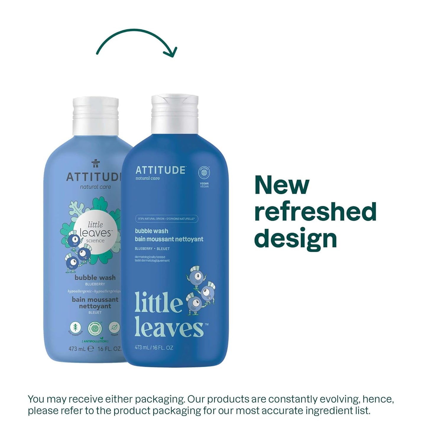 ATTITUDE Bubble Wash for Kids, Hair Shampoo and Body Soap, EWG Verified, Plant- and Mineral-Based, Vegan, Blueberry, 16 Fl Oz