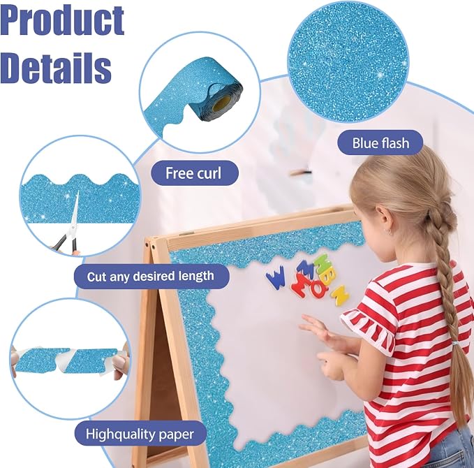 70Ft Shine Blue Bulletin Board Borders，Scalloped Poster Boards Decorations Trim