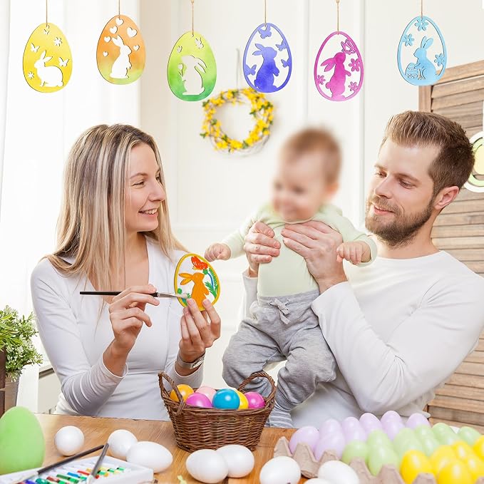 36PCS Wooden Easter Ornaments to Paint, 6 Styles DIY Blank Unfinished Wood Egg