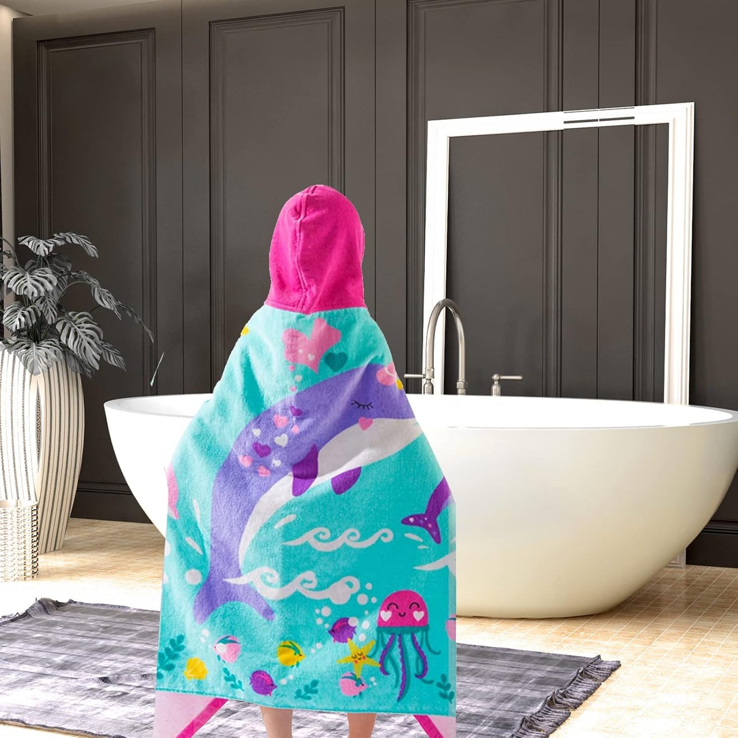 VOOVA & MOVAS Kids Hooded Beach Towels (3-10Years, 30''X50) | 100% Cotton | Large Soft Thick Absorbent Wrap Blanket | Ideal for Beach, Pool, Bath | Pink Whale
