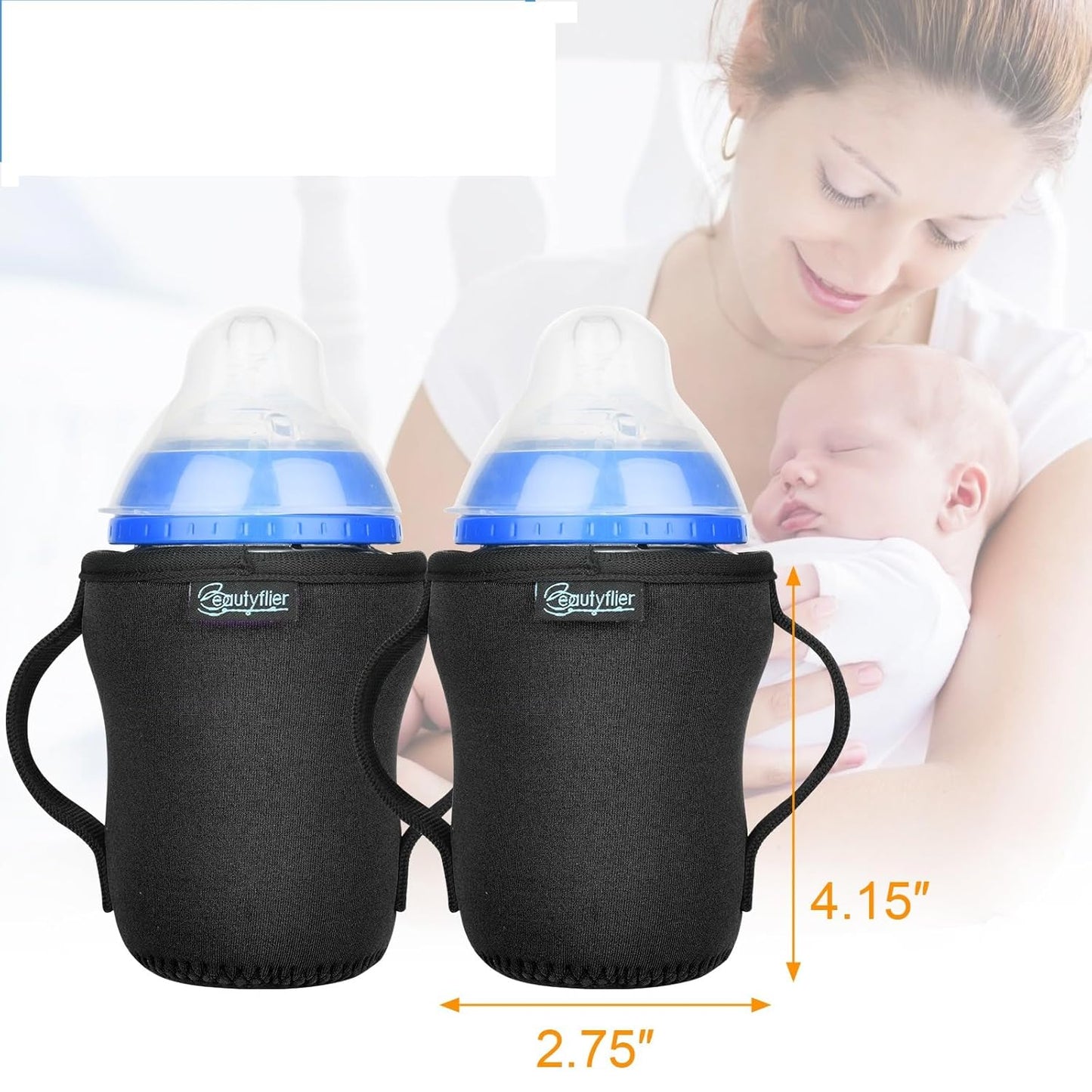 Beautyflier Glass Baby Bottle Sleeve Covers for 9oz Nature Baby Bottles with Dual Handle, 3.8mm Thicken Heat and Cold Retention Baby Bottle Sleeve (2 Black)