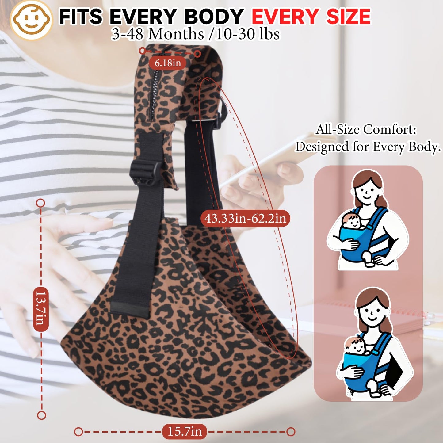 Baby Sling Carrier Adjustable Baby Sling 2025 Upgraded Toddler Sling Comfortable Baby Wrap Carriers Ergonomic-Designed, Travel Friendly Carrying 10-45 LbsLeopard