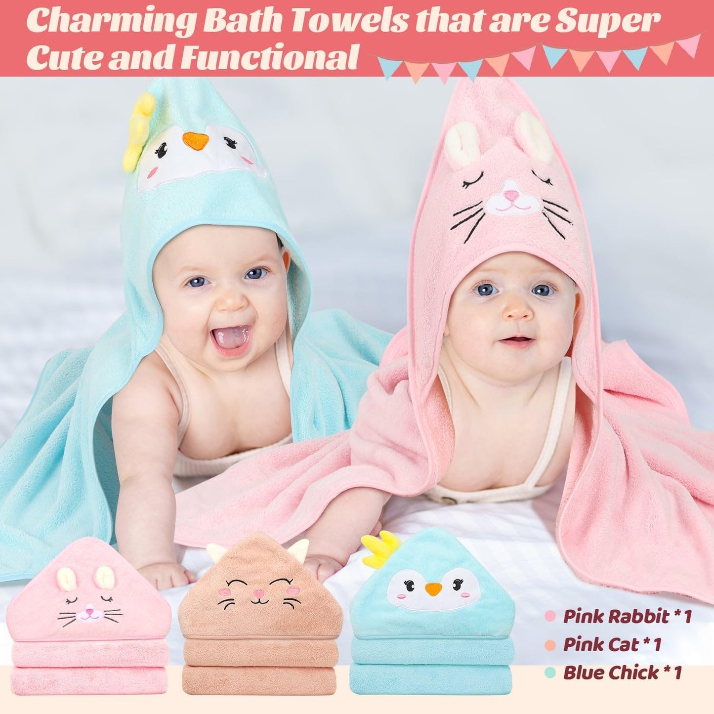 12 PCS Hooded Baby Towels, Soft Baby Towels, Absorbent Baby Bath Towels, 3 PCS Baby Towels, and 9 PCS Baby Washcloths for Newborns, Toddlers, and Kids, 32x32 in Baby Towels with Hood for Boy and Girl
