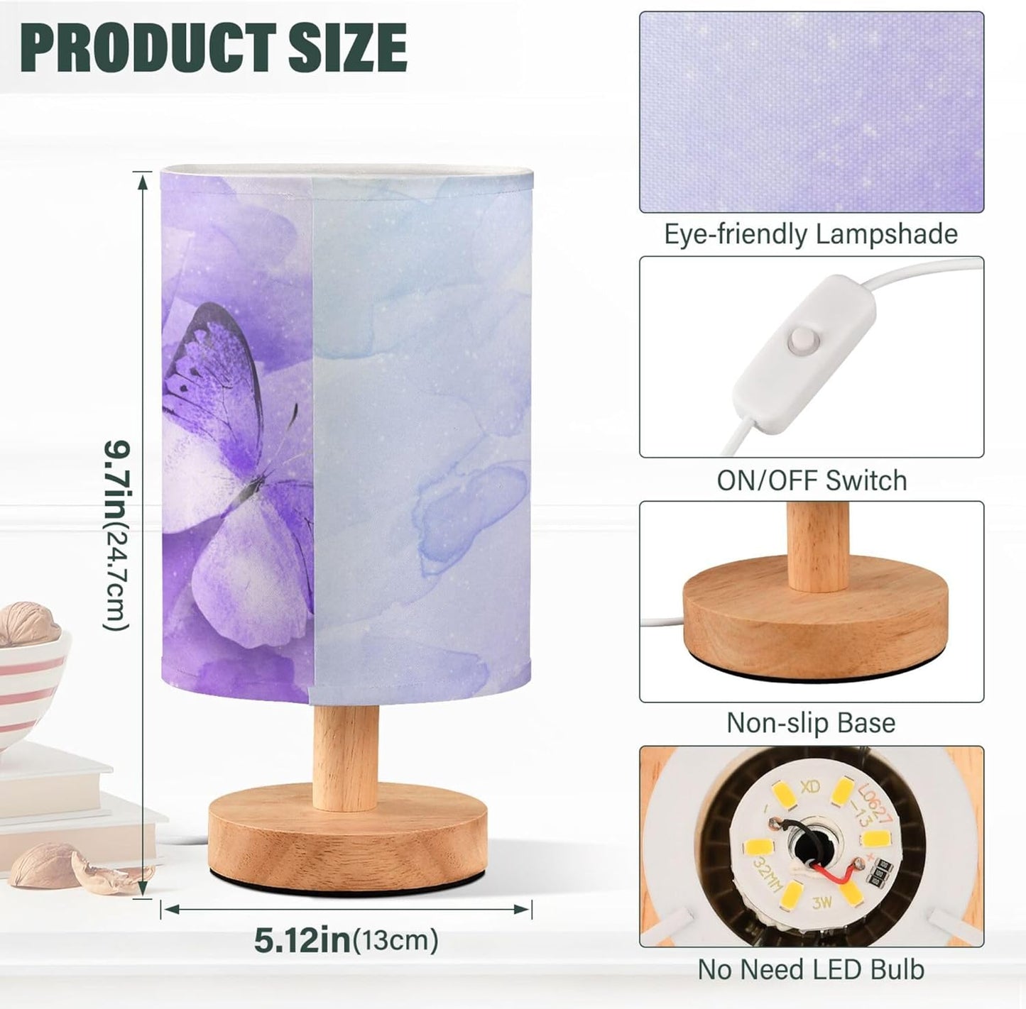 Table Lamp Watercolor Purple Butterfly Galaxy Nightstand Lamp with Wood Base Fabric Lamp Shade Bedside Desk Lamp for Living Room Bedroom Kids Room Office