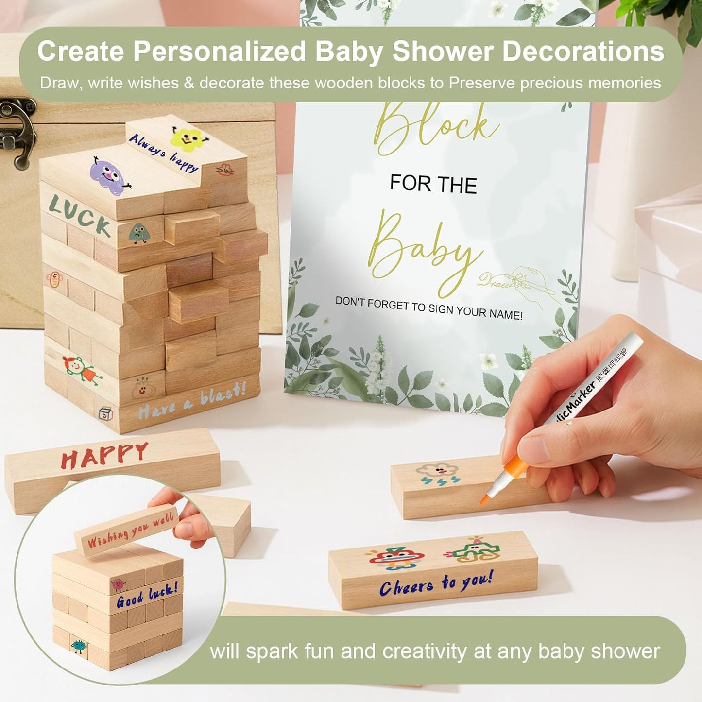 101Pcs Baby Shower Games Blocks to Decorate Kit, Baby Shower Ideas Activities for Stacking, Building & Drawing, Suitable for Boy Girl Party Game, Decorations, Favors