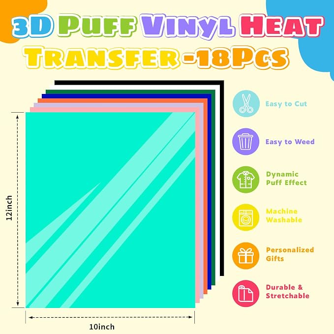 Puff Vinyl Heat Transfer-18 Pcs Puff HTV Heat Transfer Vinyl Sheets Assorted