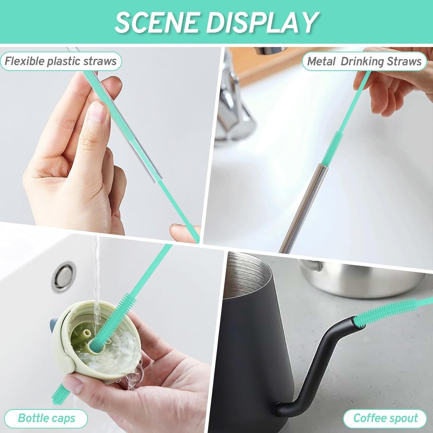 Reusable Silicone Straw Brush,Straw Cleaner,Pipe Cleaners,Extra Long Cleaner Brush for Cleaning Bottle Metal Glass Straws Drink Lid,Straw Cover,Smoothie Straw,Drinking Mint Green 6mm+8mm