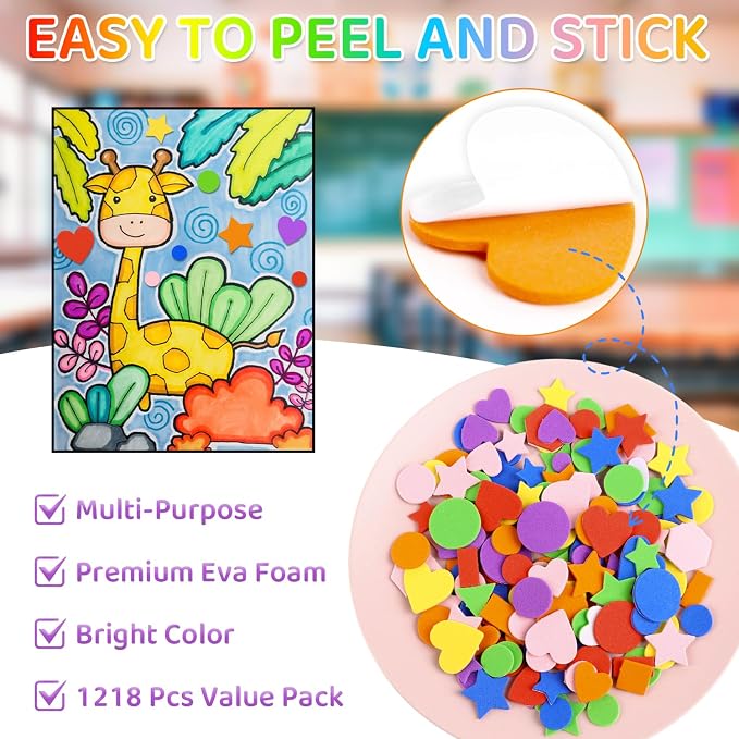 CCINEE 1218 Pcs Foam Stickers 7 Colors Self Adhesive Foam Shapes Sticker