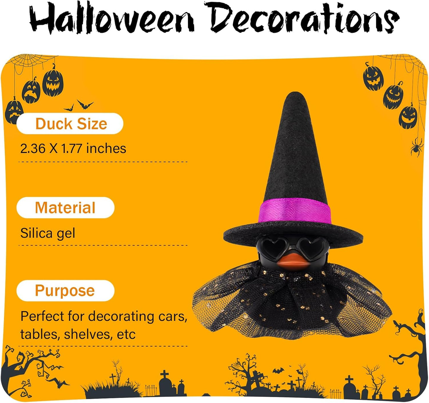wonuu Car Dashboard Witch Colorful Rubber Ducks for Halloween, Decorations Duck for Office Desk Ornament Accessories with Hat Glasses Skirt, Sequin Skirt Black