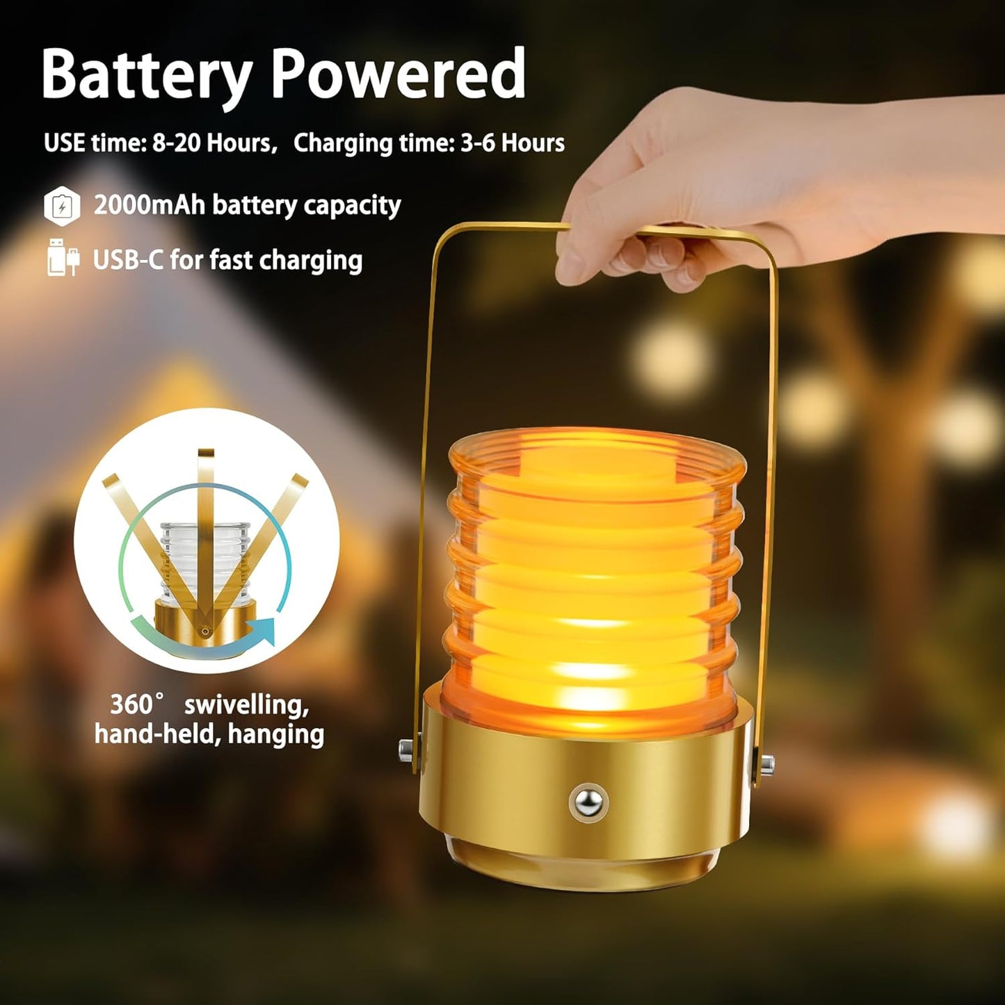 Outdoor Portable Table Lamp, 3 Colors Rechargeable Cordless LED Desk Lamp, Battery Operated Stepless Dimmable Touch Night Light, Small Lamp for Nightstand Bedside Bedroom Bar Camping Patio (Gold)