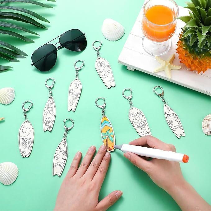 RattanView 24 Pcs Surfboard Craft Color Your Own Keychains Diy Craft Wooden