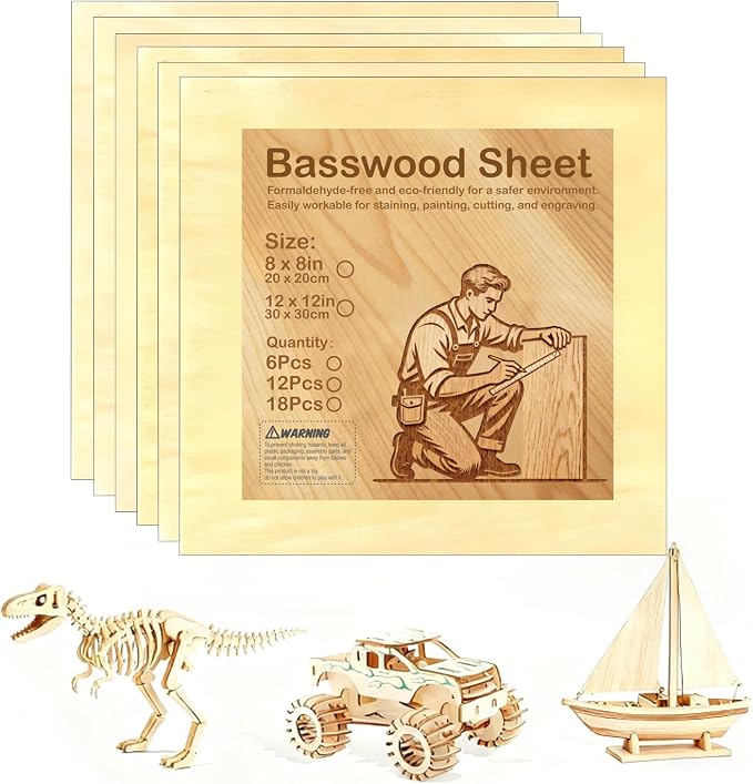 Basswood Plywood Sheets, 12 x 12 in, 1.5 mm, 6 Pack | Smooth unfinished wood