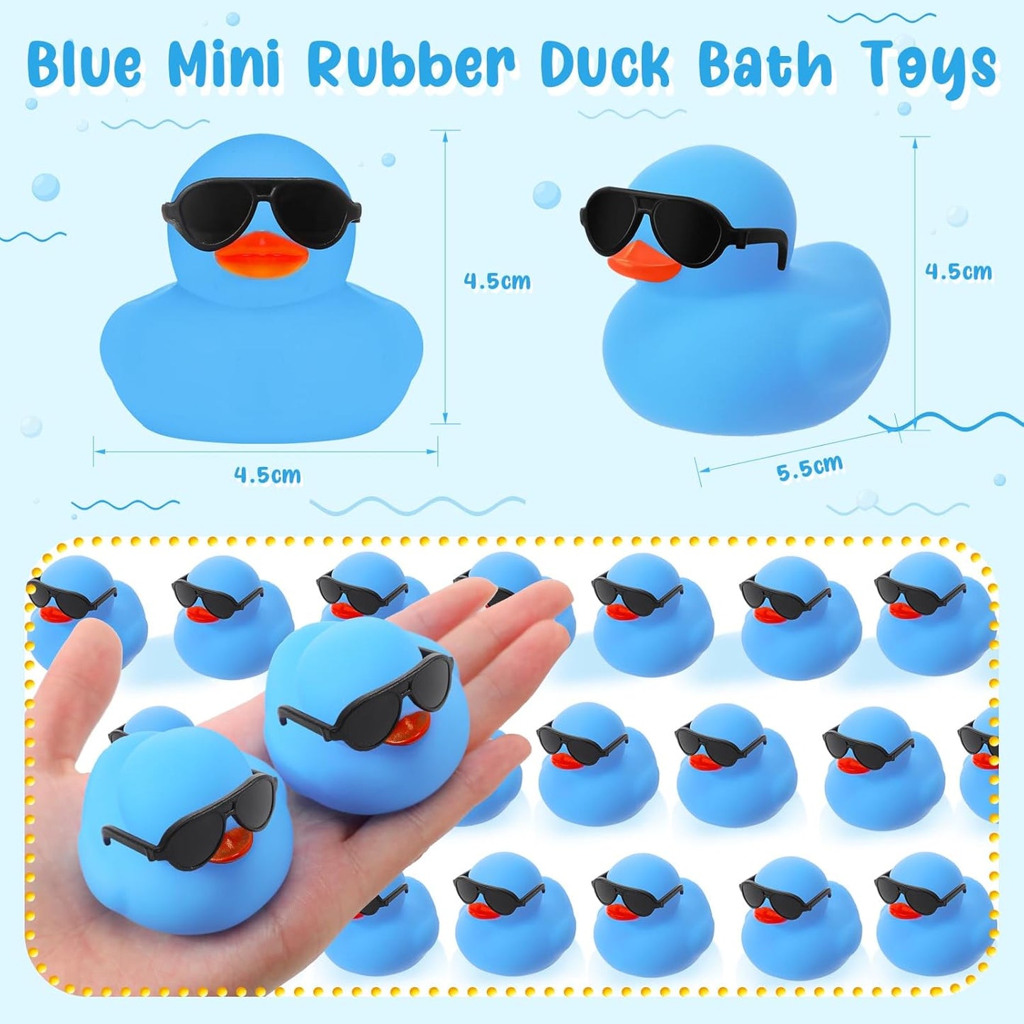 Sosation 48 Pack Mini Rubber Ducks with Sunglasses Sets Squeaky Bath Toys Float Bathtub Duckies for Little One Birthday Party Favors Class Carnival Prizes Car Decor(Blue)