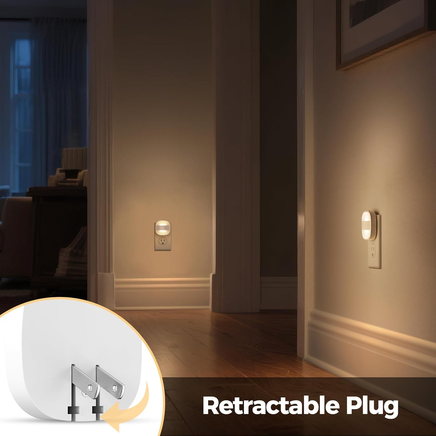 DORESshop Led Night Lights Plug Into Wall, 4 Packs Plug in Night Light Dimmable Mini with Auto Dusk to Dawn Sensor, 3000K Foldable Plug Nightlight Adjustable Brightness for Bedroom,Stairs,Hallway,
