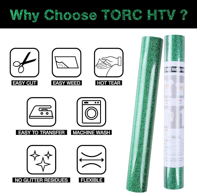 TORC Green Glitter HTV Heat Transfer Vinyl Roll 12 inch x 10 ft Iron on Vinyl