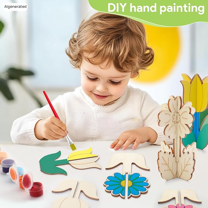 3D Wooden Flower Crafts to Paint, 4 Styles Flowers Ornaments