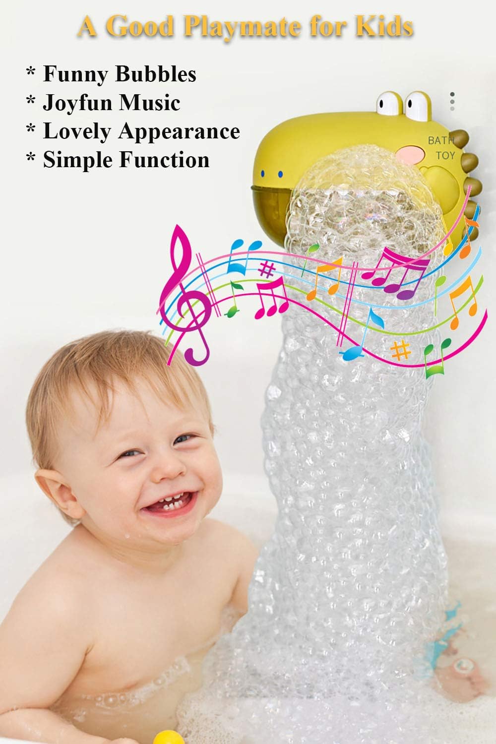 Electric Bathtub Bubble Machine, Kids Cute Cartoon Animal Dinosaur Bubble Blower Machine Alligator Bubble Maker Bath Toy with Music and Vacuum Suction Cups (Green)