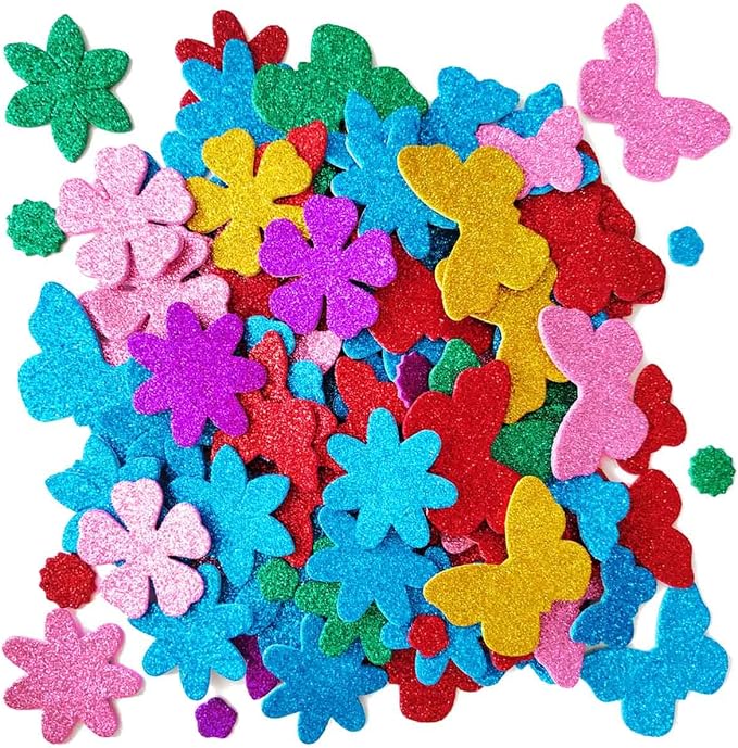 Glitter Foam Flower and Butterfly Shapes Stickers, Self-Adhesive Stickers Kid's