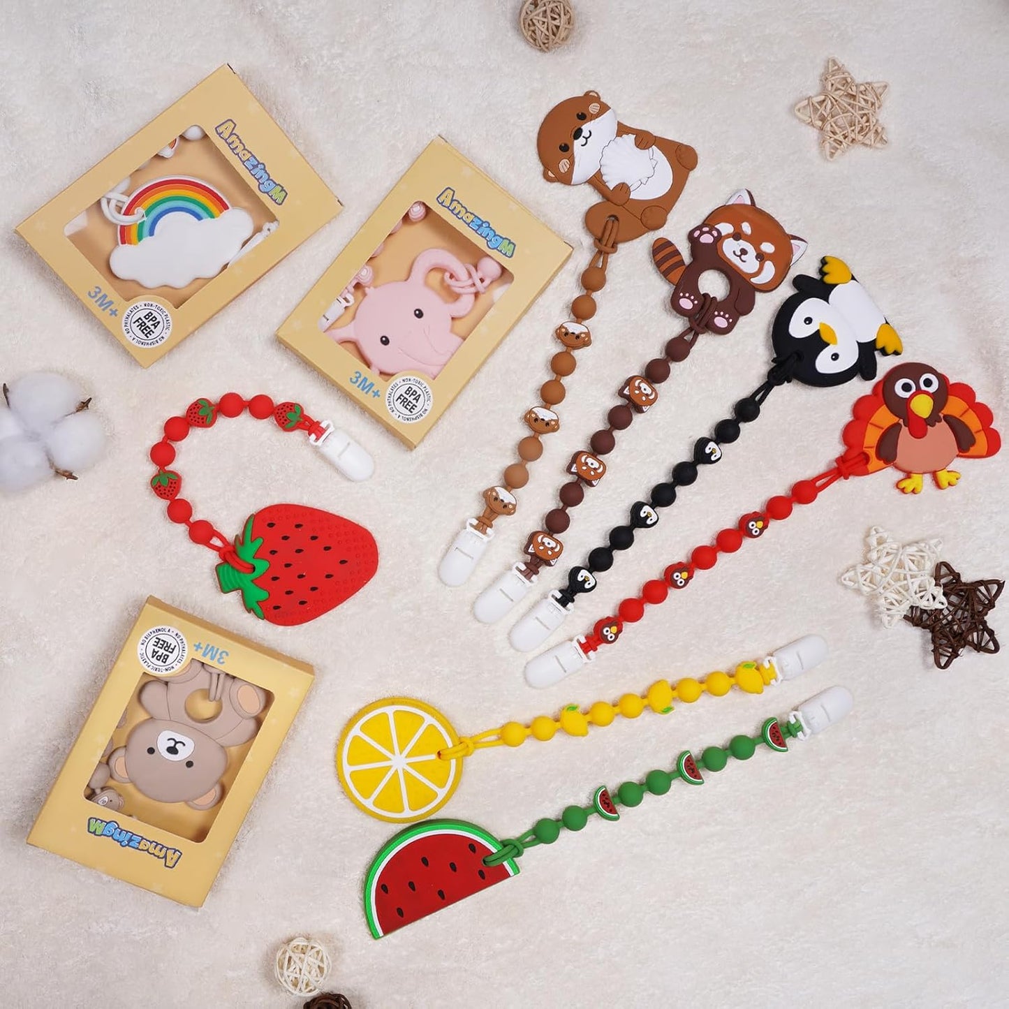 Cute Animal Baby Food Grade Silicone Teether Toy with One Piece Design Pacifier Clip Holder,Teething Pain Relief Toys Gift Set for 3 Months+ Boys and Girls,Freezer Safe,BPA Free (Lemon)