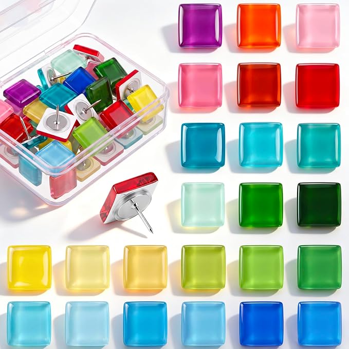 Epakh 30 Pcs Glass Square Thumb Tacks Decorative Push Pins Glass Square Push
