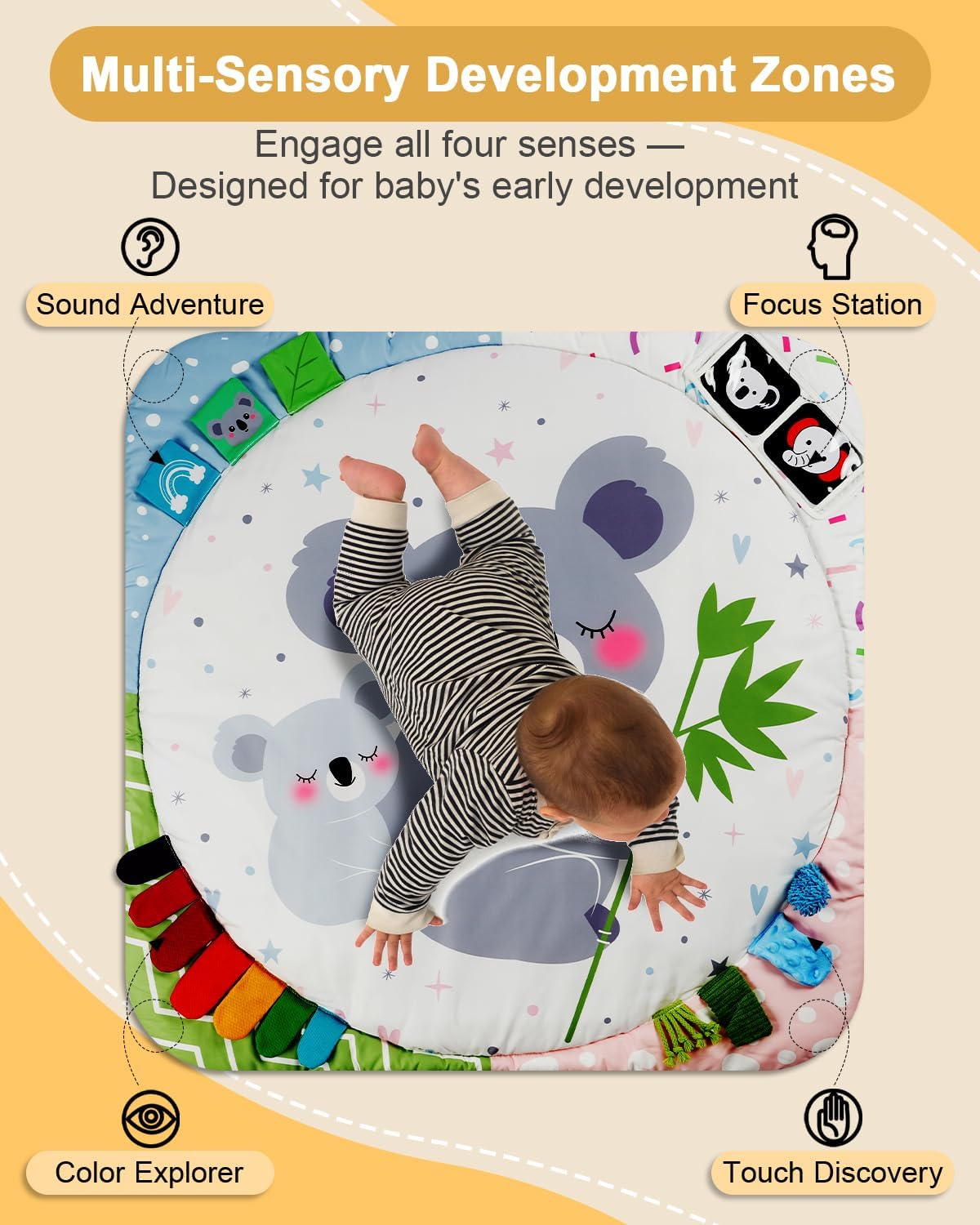 Baby Play Gym with 4 Developmental Zones – Tummy Time Mat & Activity Mat with 6 Sensory Toys, Visual Cards & Pillow – Baby Essentials & Ideal Gift for Newborns