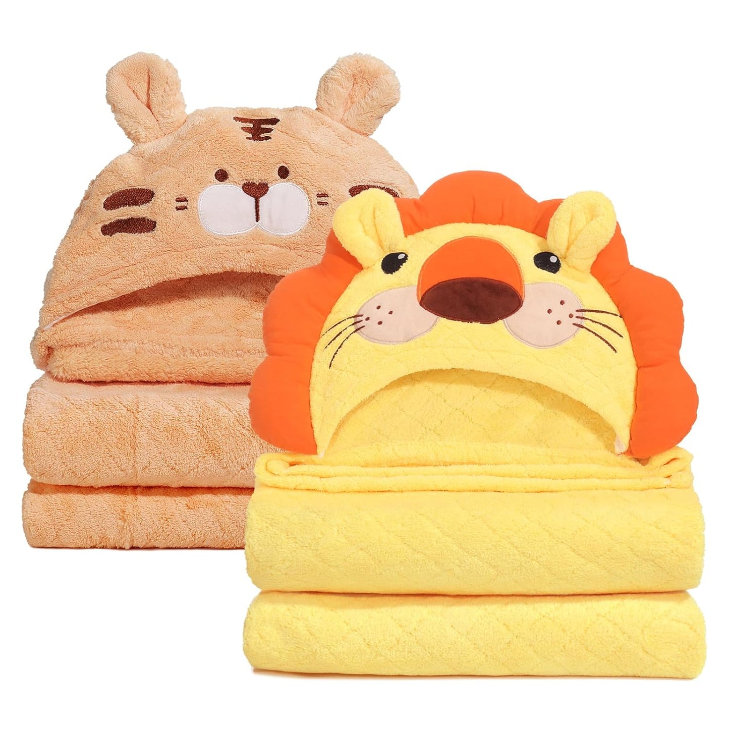 Kids Bath Towels with Hood, Soft and Thick Hooded Towels for Toddlers 3-5, 2 PCS Cute Animal Face Premium Coral Fleece with Large Size 50 in*32 in, Orange Tiger & Yellow Lion Set