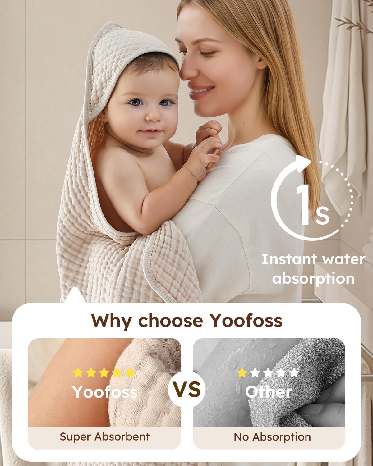Yoofoss Hooded Baby Towels for Newborn 2 Pack 100% Muslin Organic Cotton Baby Bath Towel with Hood for Babies, Infant, Toddler and Kids, 37.5“x37.5“, Soft and Absorbent Newborn Essential, Beige&Coffee