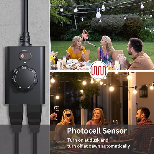 Minoston Outdoor Timer for Lights 2 Pack, Dusk Dawn Outdoor Timer Outlet 2, 4, 6, 8 Hour with 2 Grounded Outlets, Outdoor Light Timer Weatherproof for Halloween Christmas Light, ETL Listed, (MP41T)