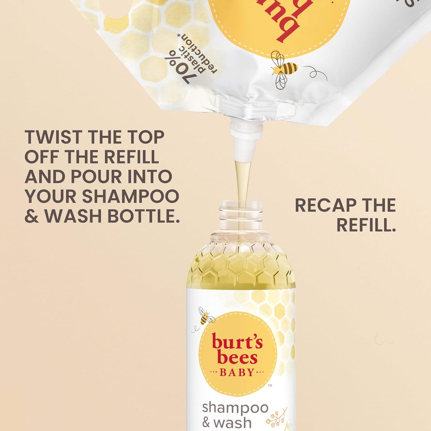 Burts Bees Baby Shampoo and Baby Wash Refill, Original, Plant-Based Formula, Tear-Free, Pediatrician-Tested, Natural Origin, Gently Cleans Sensitive Skin and Hair, 33.8 Fl Oz