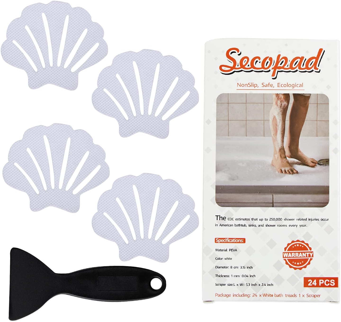 Non-Slip Bathtub Stickers, 24 PCS Shell Safety Bathroom Tubs Showers Treads Adhesive Decals Scraper (White)