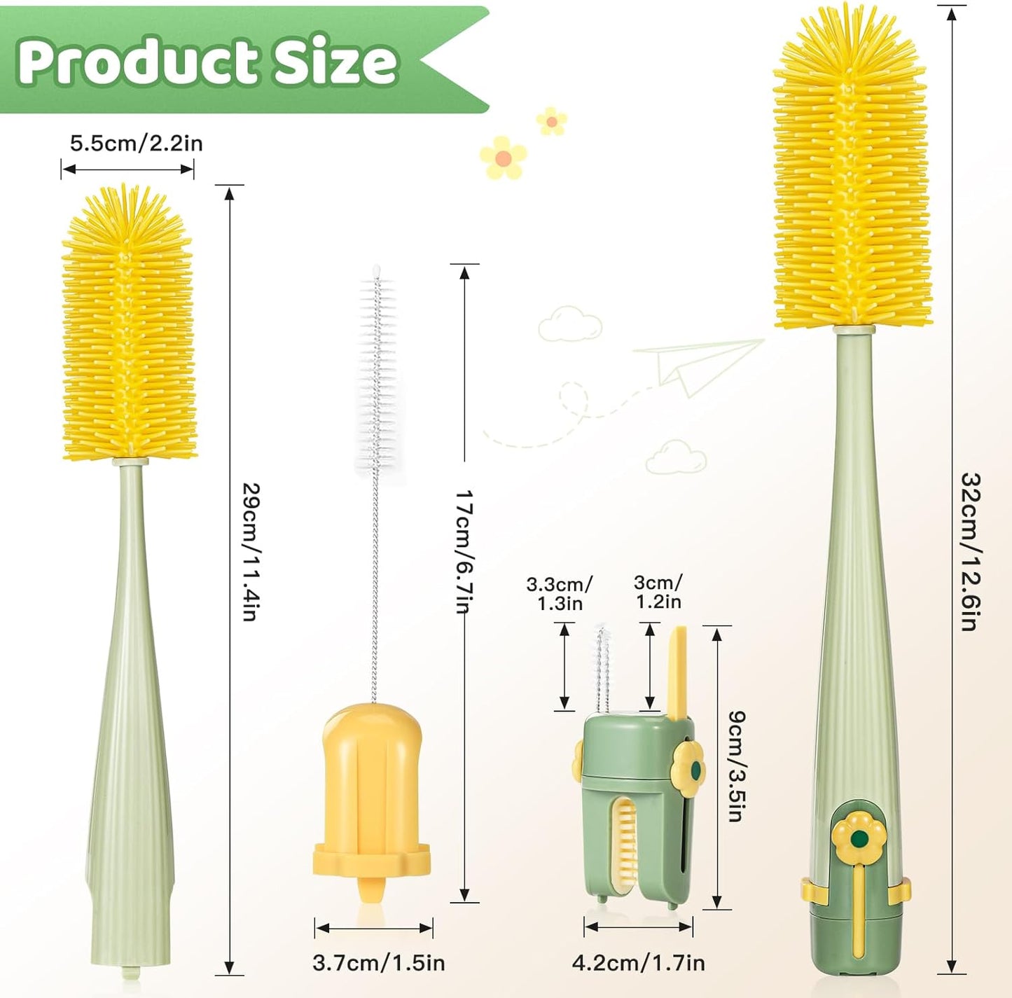 Orzbow 2 Pack Baby Bottle Brush, 5 in 1 Travel Baby Bottle Brush Set, Including Silicone Bottle Cleaner Brush, U-Shaped Rim Brush, Straw Brush, Crevice Brush & Seal Removal Rod, Green