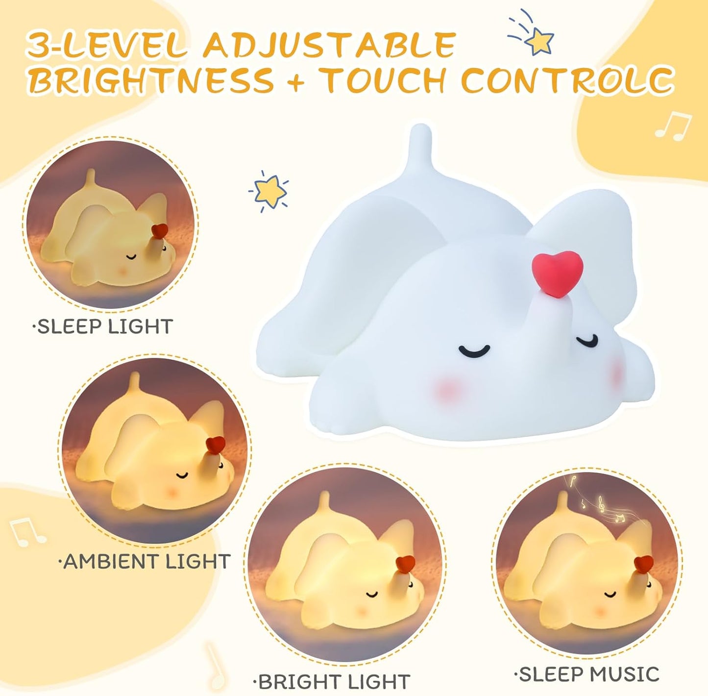 Squishy Night Light for Kids, Elephant Silicone Lamp with 4 Lullabies, Touch Control 3 Dimming Levels, 30-Min Timer, Rechargeable Cute Nightlight for Nursery, Toddler Room Decor