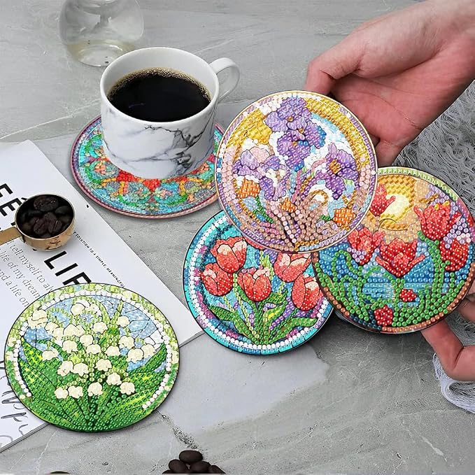 ijbnhd 8 PCS Flowers Diamond Art Coasters | Diamond Painting Coasters Kits