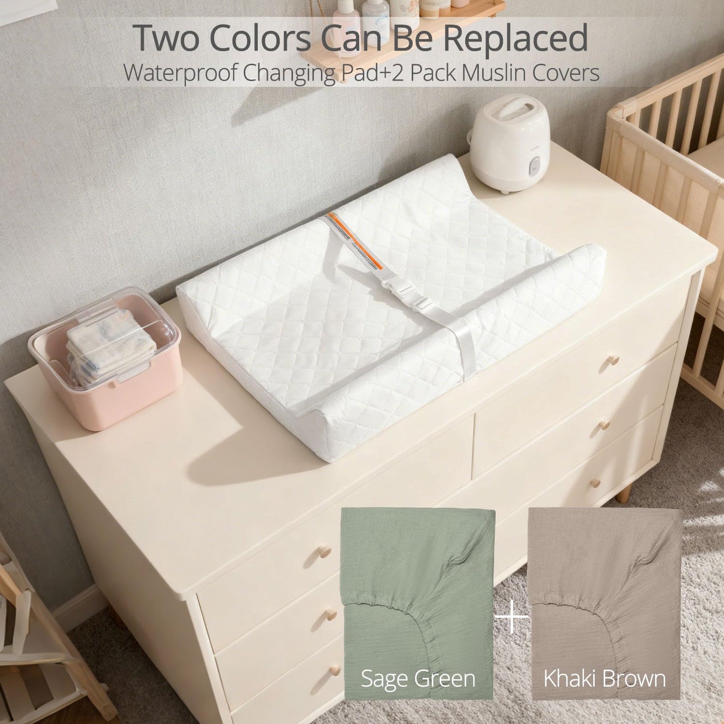 Muslin Baby Changing Pad, 2 Pack Muslin Soft Cotton Covers & Waterproof Lining Foam Diaper Changing Table Pad 32" x 16.6" Mat for Dressers & Table