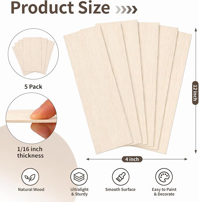 Balsa Wood Sheets, 5 Pack 12 x 4 x 1/16 Inch Unfinished Thin Wood Boards