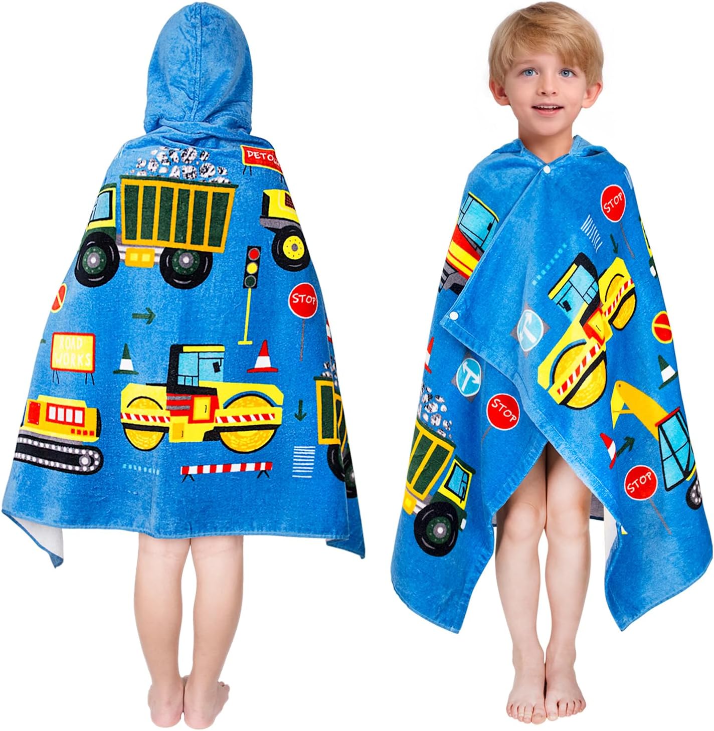Kids Hooded Bath Towel-Soft Thick 100% Cotton Hooded Beach Towel for Kids 3-10 Years,Absorbent Fast-Drying Cute Toddler Bath & Swim Towel,for Boys & Girls,30"x50"(Construction Blue)