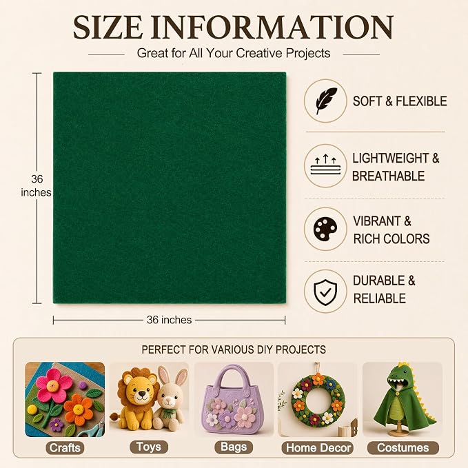 Emerald Green Large Felt Fabric 36" x 36", 1.4 mm Soft Felt Sheet, Nonwoven